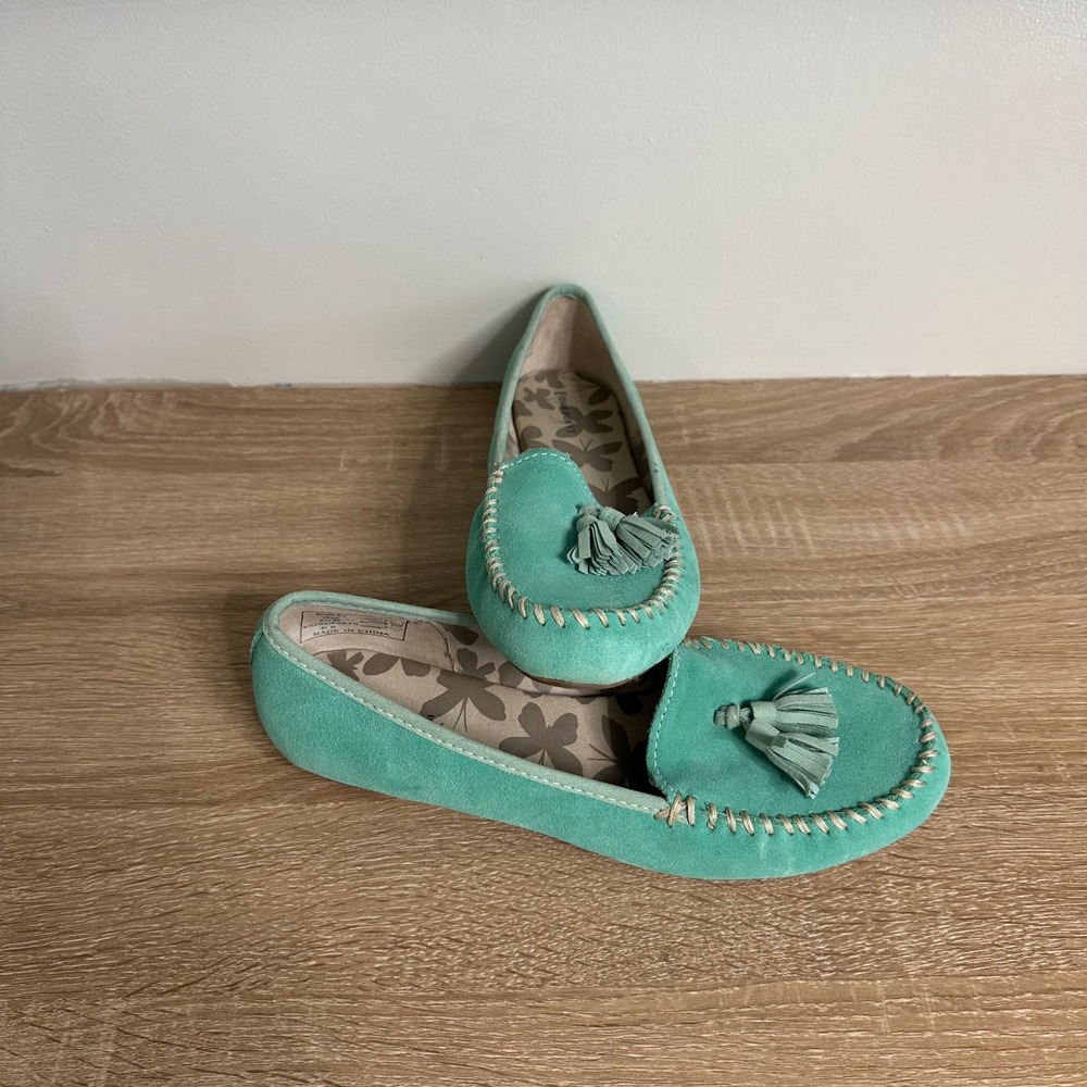 Lands' End Loafers Womens 8.5 Mint Green Suede Tassel Driving Comfort Moccasins
